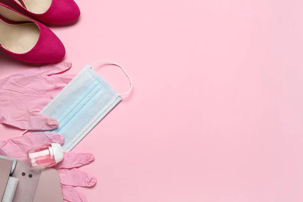 Female Accessories Medical Mask Gloves Bottle Antiseptic Color Background — Stock Photo, Image