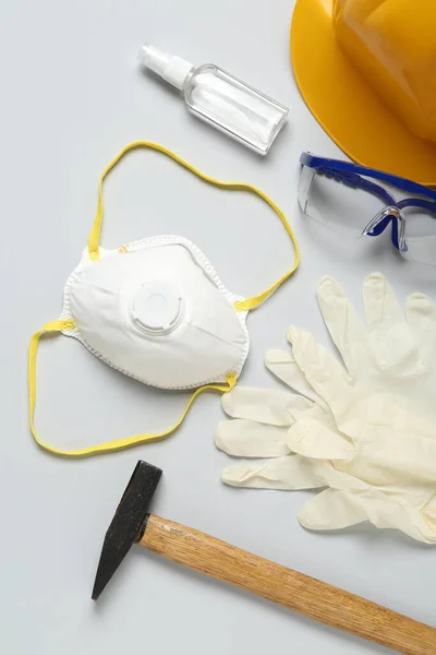 Safety Equipment Respirator Antiseptic Gloves Grey Background — Stock Photo, Image