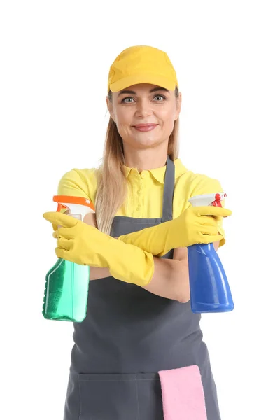 Worker Cleaning Service Detergents White Background — Stock Photo, Image