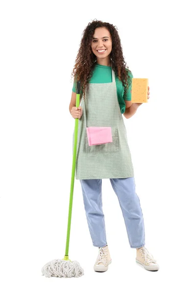 African American Female Worker Cleaning Service Mop Sponge White Background — Stock Photo, Image