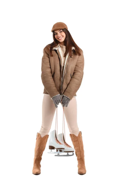 Glückliche Frau Winterkleidung Und Mit Schlittschuhen Auf Weißem Hintergrund — Stockfoto