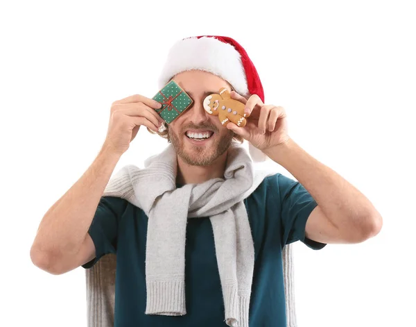 Happy Young Man Santa Hat Gingerbread Cookies White Background — Stock Photo, Image