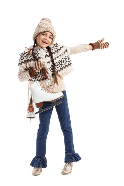 Lustige Kleine Mädchen Mit Schlittschuhen Auf Weißem Hintergrund — Stockfoto