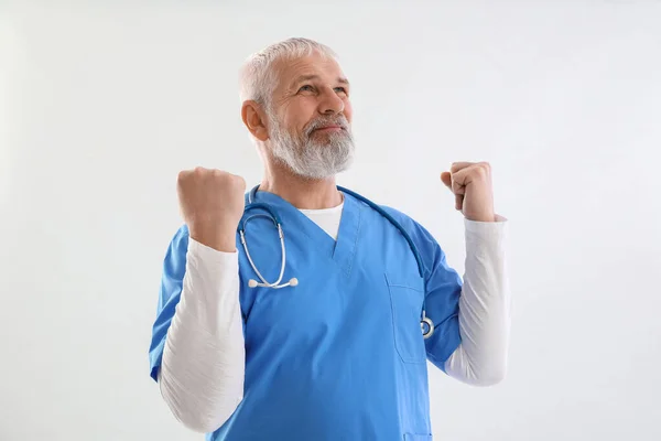 Happy Mature Male Doctor White Background — Stock Photo, Image