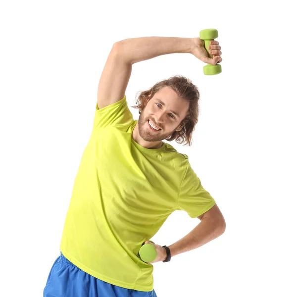 Hombre Deportivo Con Mancuernas Sobre Fondo Blanco —  Fotos de Stock