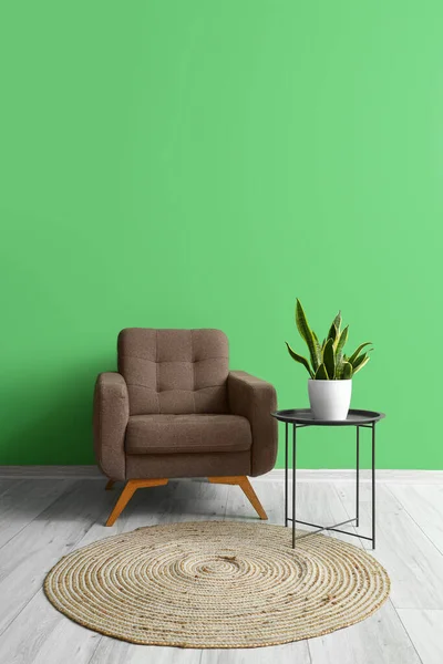 Armchair Table Houseplant Green Wall — Stock Photo, Image