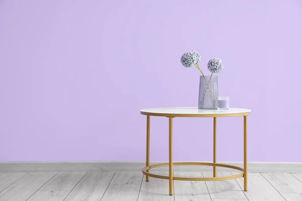 Vase Flowers Candle Table Color Wall Room — Stock Photo, Image