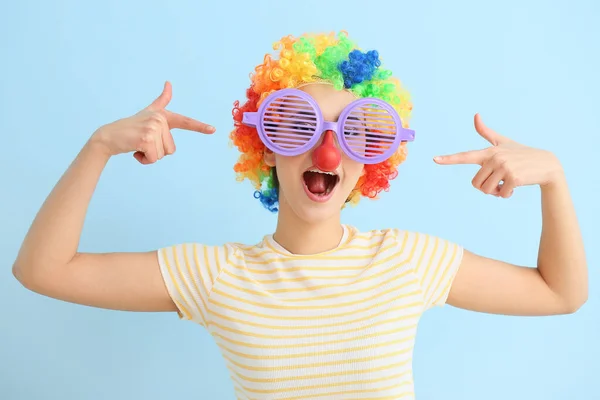 Young Woman Pointing Funny Disguise Blue Background April Fools Day — Stock Photo, Image
