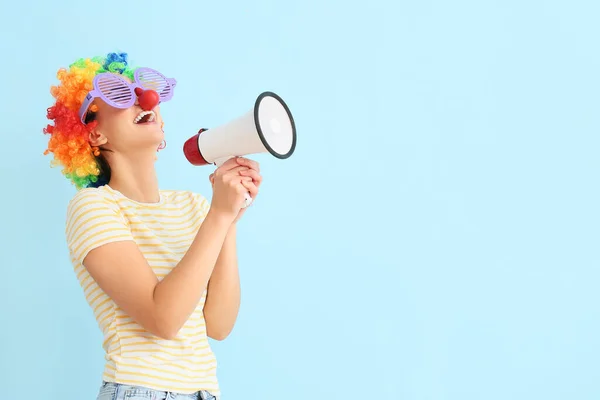 Young Woman Funny Disguise Shouting Megaphone Blue Background April Fools — Stock Photo, Image
