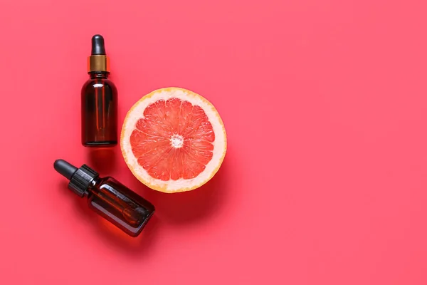 Bottles Essential Oil Grapefruit Color Background — Stock Photo, Image
