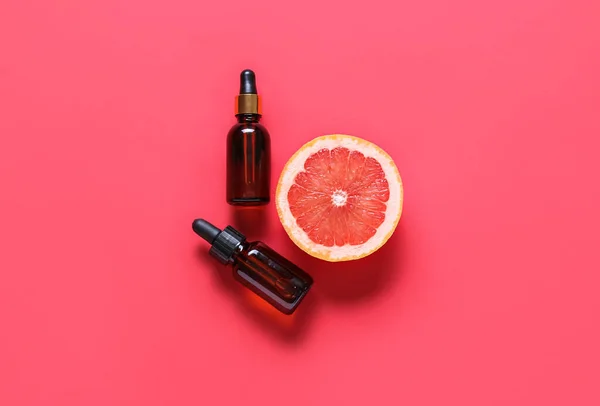 Bottles Essential Oil Grapefruit Color Background — Stock Photo, Image