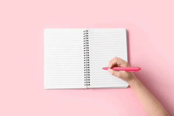 Child Hand Blank Notebook Pen Pink Background — Stock Photo, Image