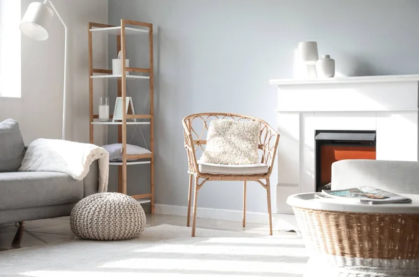 Interior Light Living Room Armchair Fireplace Shelving Unit — Stock Photo, Image