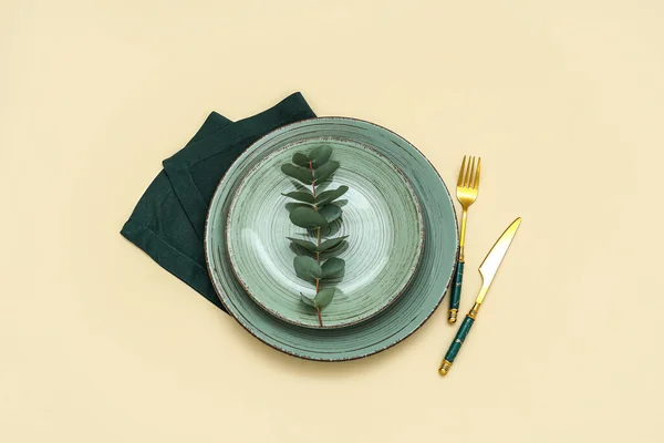 Simple Table Setting Eucalyptus Leaves Beige Background — Stock Photo, Image