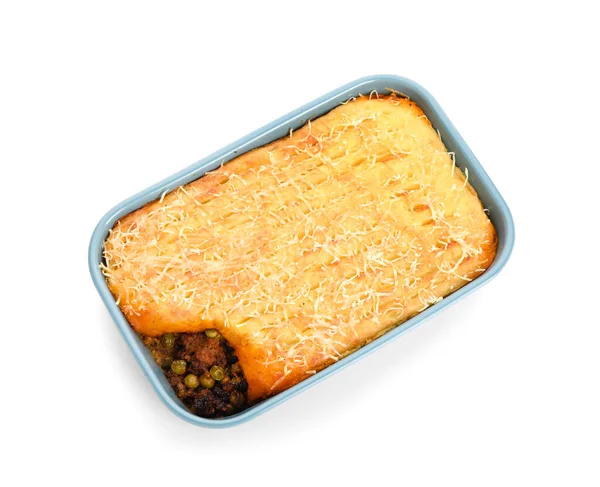 Baking Dish Tasty Shepherd Pie White Background — Stock Photo, Image