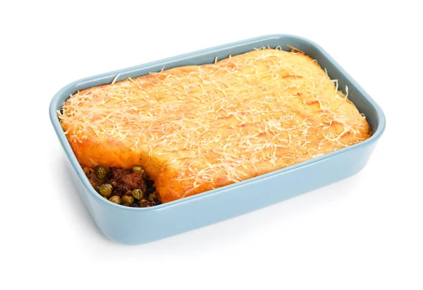 Baking Dish Tasty Shepherd Pie White Background — Stock Photo, Image