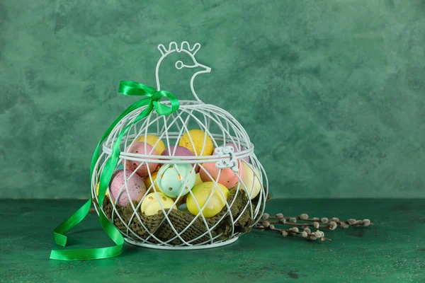 Basket Painted Easter Eggs Green Background — Stock Photo, Image