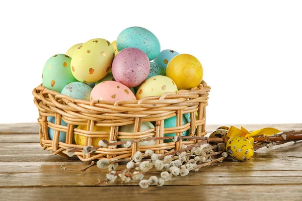 Wicker Basket Painted Easter Eggs Pussy Willow Table White Background — 스톡 사진