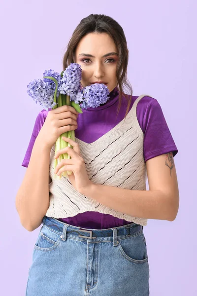 Pretty Young Woman Hyacinth Flowers Color Background — Stock Photo, Image