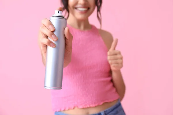 Pretty Young Woman Hair Spray Showing Thumb Pink Background — Stock Photo, Image