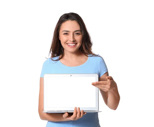 Jovem Feliz Com Laptop Isolado Branco — Fotografia de Stock