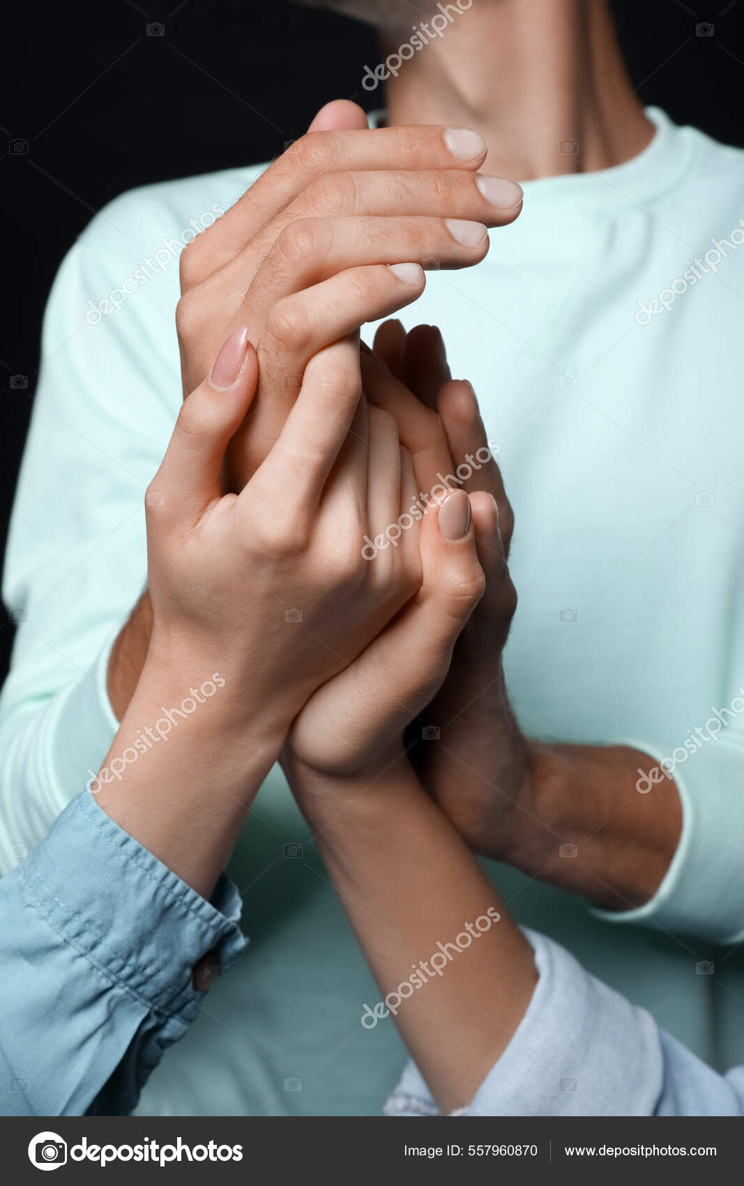 Hands Man Two Beautiful Women Dark Background Closeup Polyamory