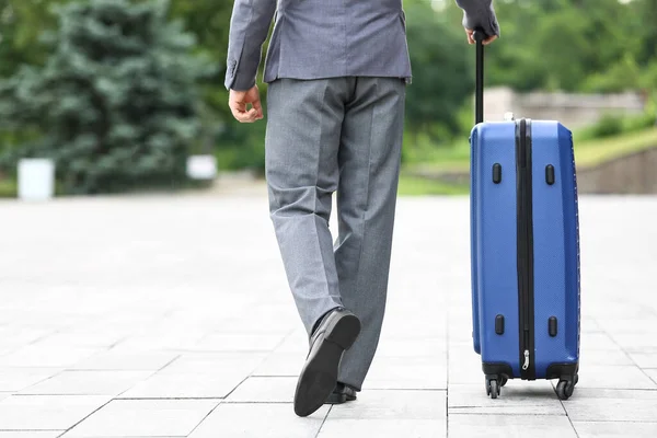 Young Businessman Blue Suitcase Walking Outdoors — Stock Photo, Image