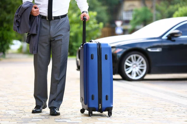 Young Businessman Blue Suitcase Walking Outdoors — Stock Photo, Image
