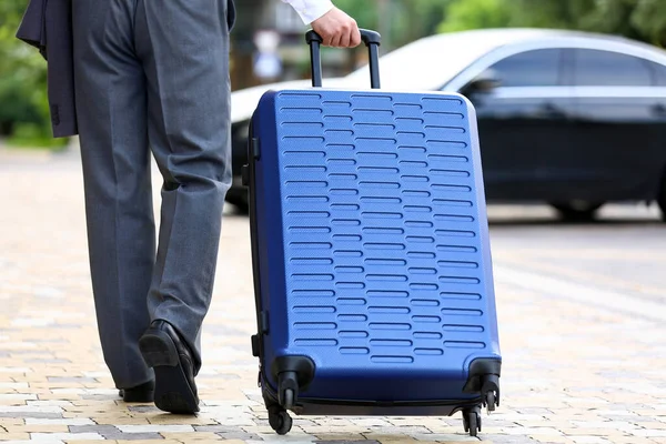 Young Businessman Blue Suitcase Walking Outdoors — Stock Photo, Image