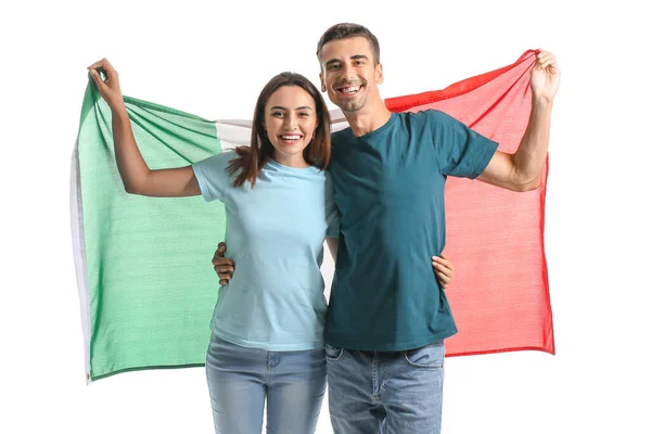 Pareja Joven Con Bandera Italiana Sobre Fondo Blanco — Foto de Stock