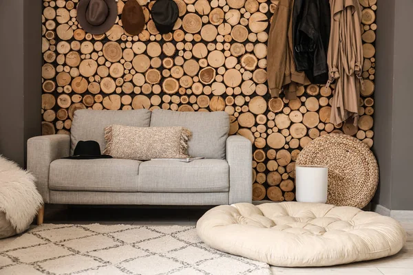 Comfortable Sofa Pouf Hangers Wooden Wall Room Interior — Stock Photo, Image
