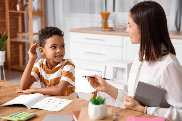 Little African American Boy Asking His Tutor Question Home — Stock Photo, Image