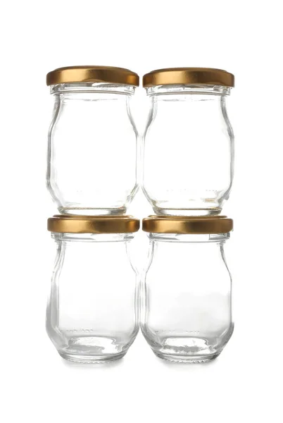 Glass Jars Golden Caps White Background — Stock Photo, Image