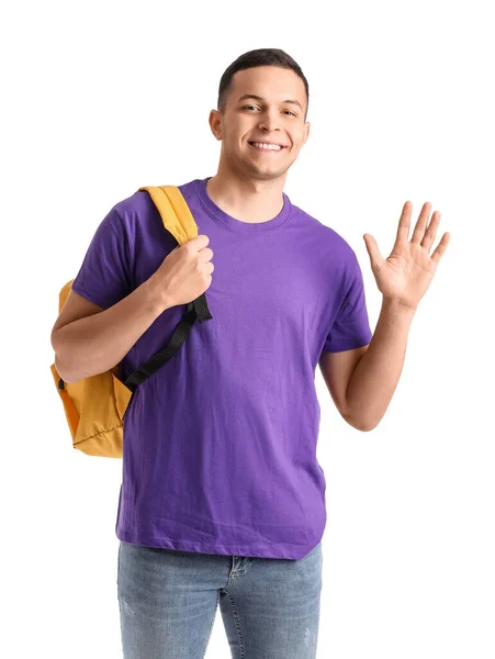 Estudiante Masculino Con Mochila Agitando Mano Sobre Fondo Blanco — Foto de Stock