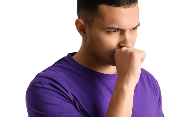 Worried Young Man White Background Closeup — Stock Photo, Image