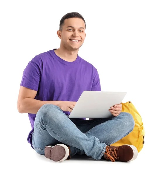 Male Student Using Laptop White Background — Stock Photo, Image