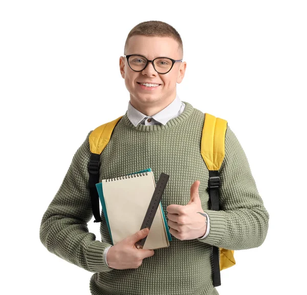 Estudiante Masculino Con Cuadernos Regla Que Muestra Pulgar Hacia Arriba — Foto de Stock