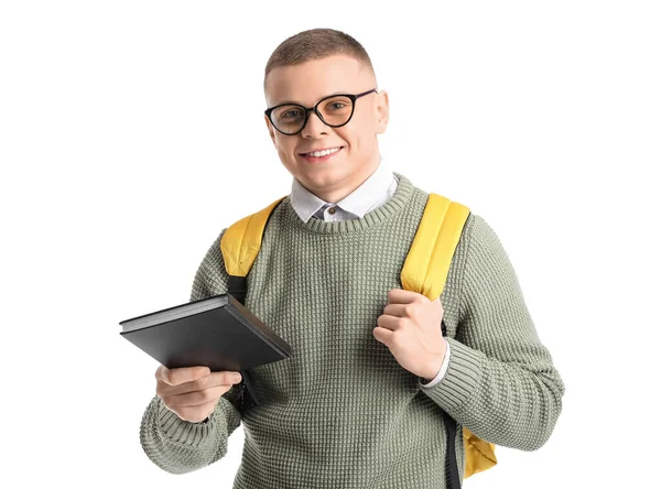 Männlicher Student Brille Mit Buch Auf Weißem Hintergrund — Stockfoto