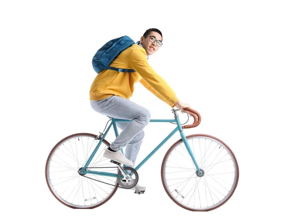 Άνδρας Ασιάτης Φοιτητής Ιππασίας Ποδήλατο Λευκό Φόντο — Φωτογραφία Αρχείου