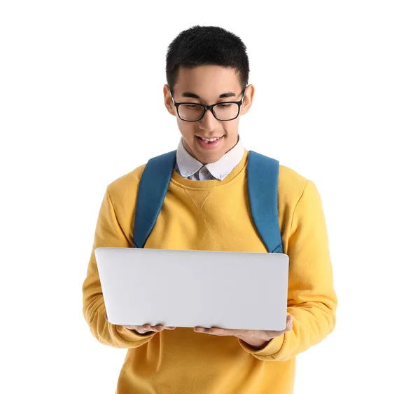 Male Asian Student Using Laptop White Background — Stock Photo, Image
