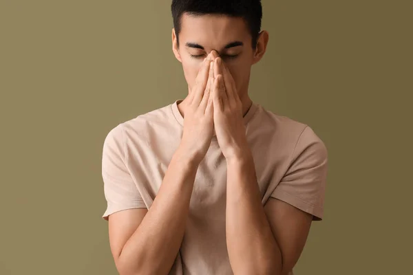 Young Asian Man Worrying Color Background — Stock Photo, Image
