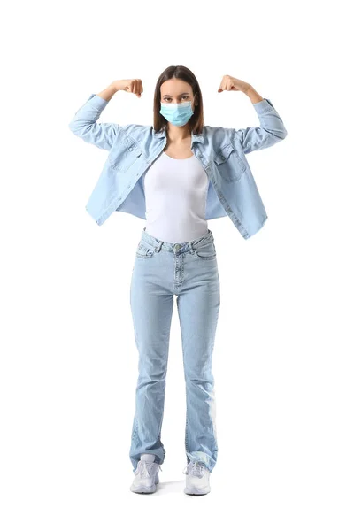 Strong Young Woman Medical Mask White Background Immunity Concept — Stock Photo, Image
