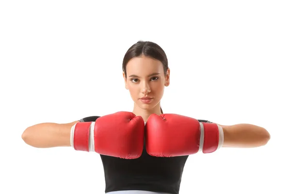 Young Woman Boxing Gloves White Background Immunity Concept — Stock Photo, Image