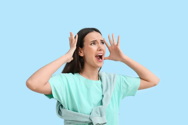 Emotional Young Woman Shouting Blue Background Immunity Concept — Stock Photo, Image