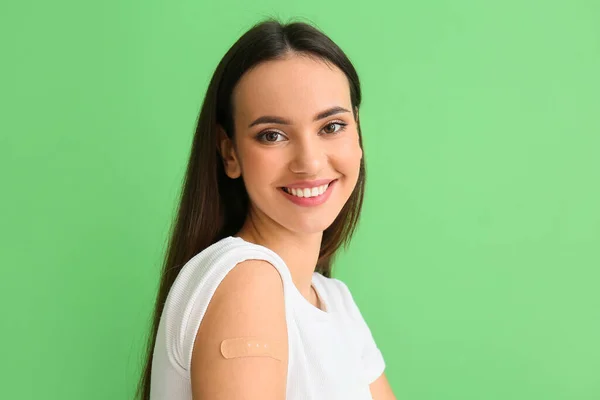 Smiling Young Woman Applied Medical Patch Green Background — Stock Photo, Image