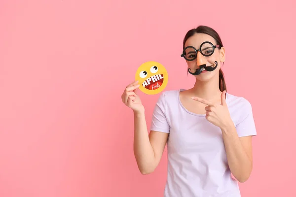 Young Woman Funny Disguise Pointing Paper Smile Text April Fools — Stock Photo, Image