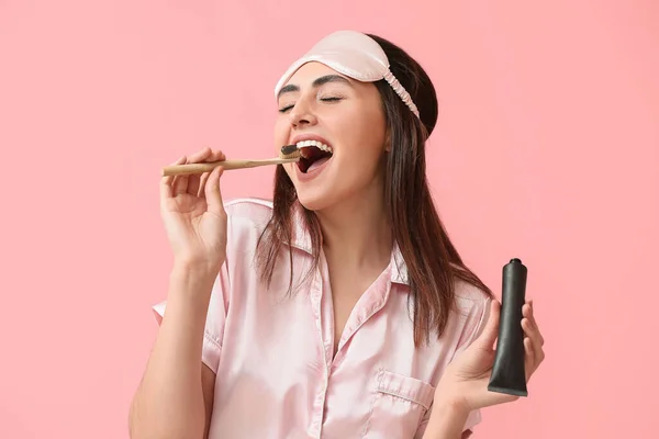 Beautiful Young Woman Brushing Teeth Activated Charcoal Tooth Paste Pink — Stock Photo, Image