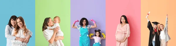 Collage Con Madri Loro Figlie Sfondo Colorato — Foto Stock