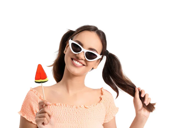 Young Woman Sunglasses Lollipop Shape Watermelon White Background — Stock Photo, Image