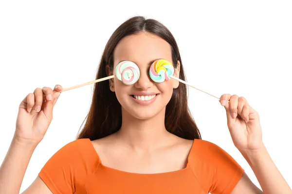 Funny Young Woman Sweet Lollipops White Background — Stock Photo, Image
